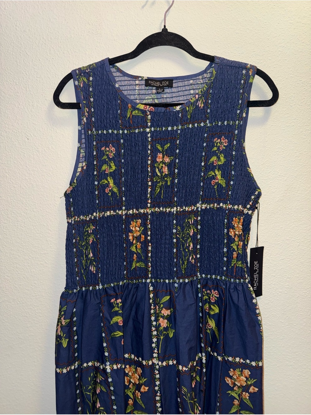 NWT Rachel Zoe navy blue maxi dress , smocked bodice & floral grid pattern